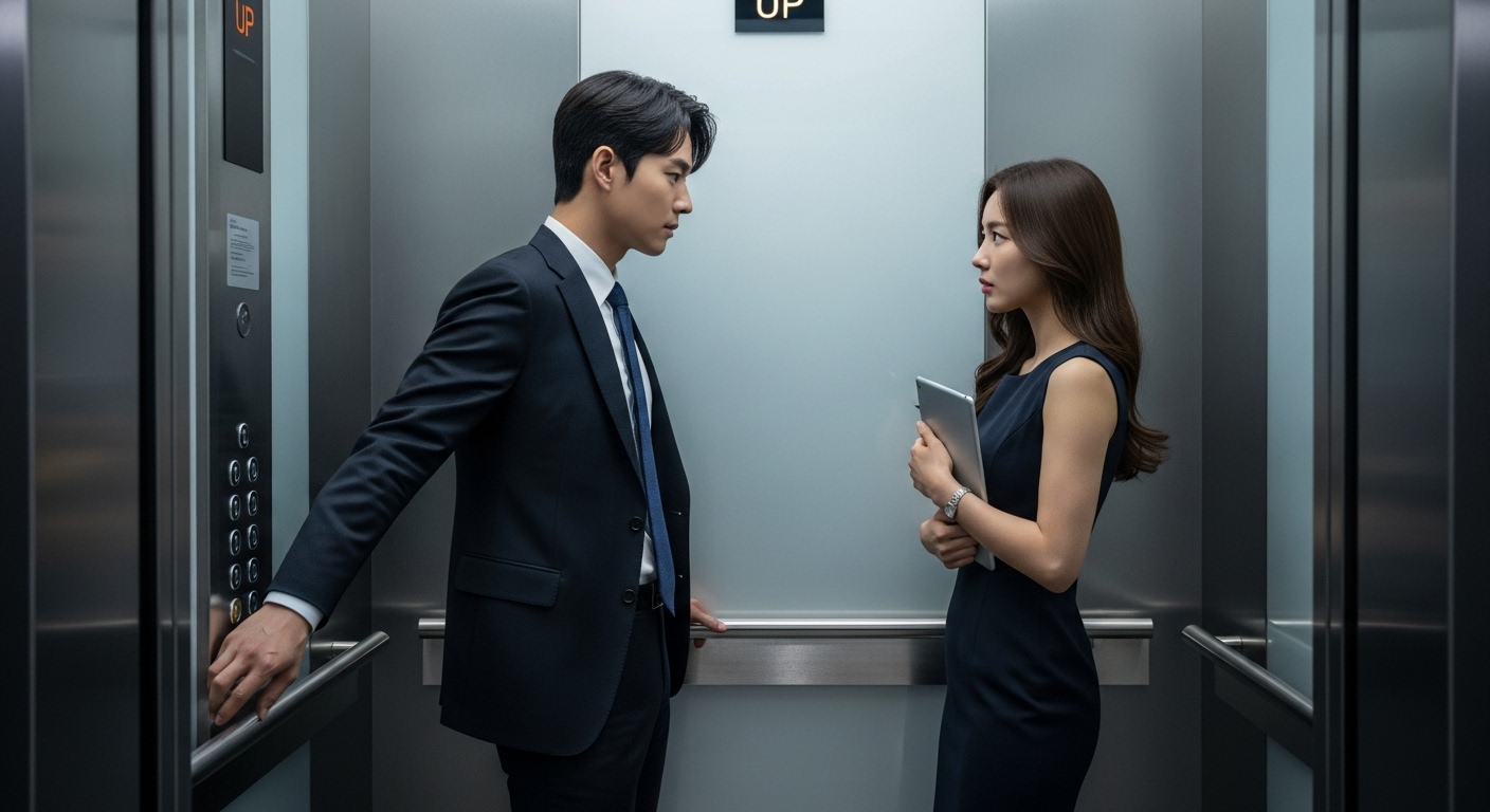 기업 건물 엘리베이터 안에서 긴장감 넘치는 남녀의 만남