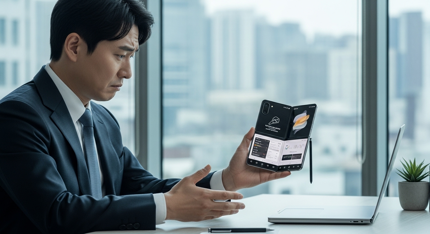 한국인 직장인이 갤럭시 Z 트라이폴드를 보며 실망한 표정을 짓고 있는 모습