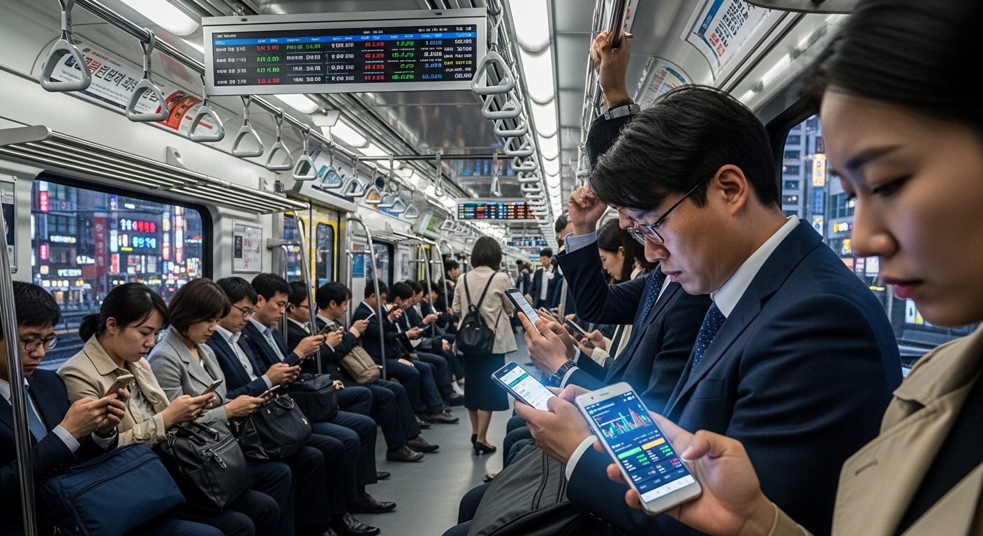 한국 지하철에서 스마트폰으로 디지털 금융 앱에 열중하는 직장인들