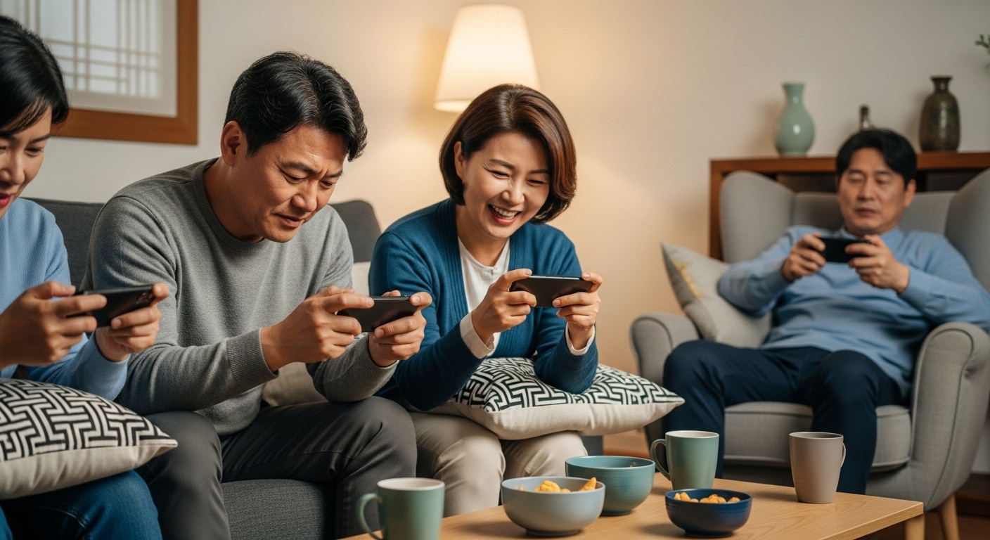 아늑한 거실에서 모바일 게임 앱을 즐기는 중장년층의 모습