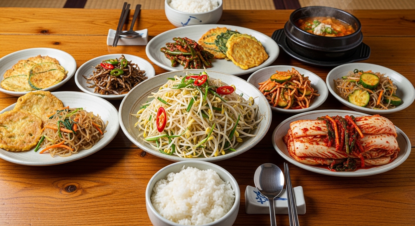 다양한 반찬과 함께 신선한 콩나물무침이 놓인 전통 한국식 식탁