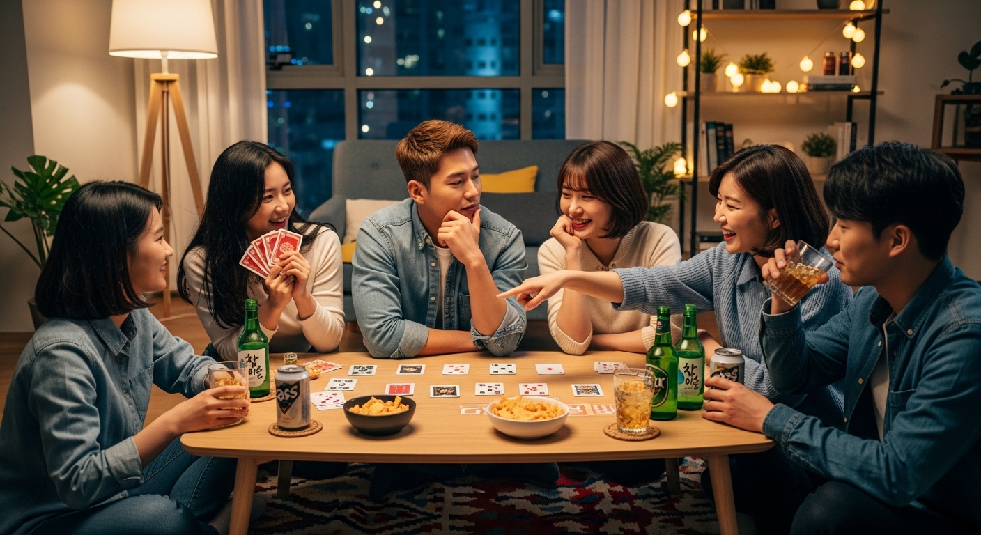 젊은 친구들이 거실에서 카드 게임을 즐기며 활기찬 분위기를 연출하는 모습