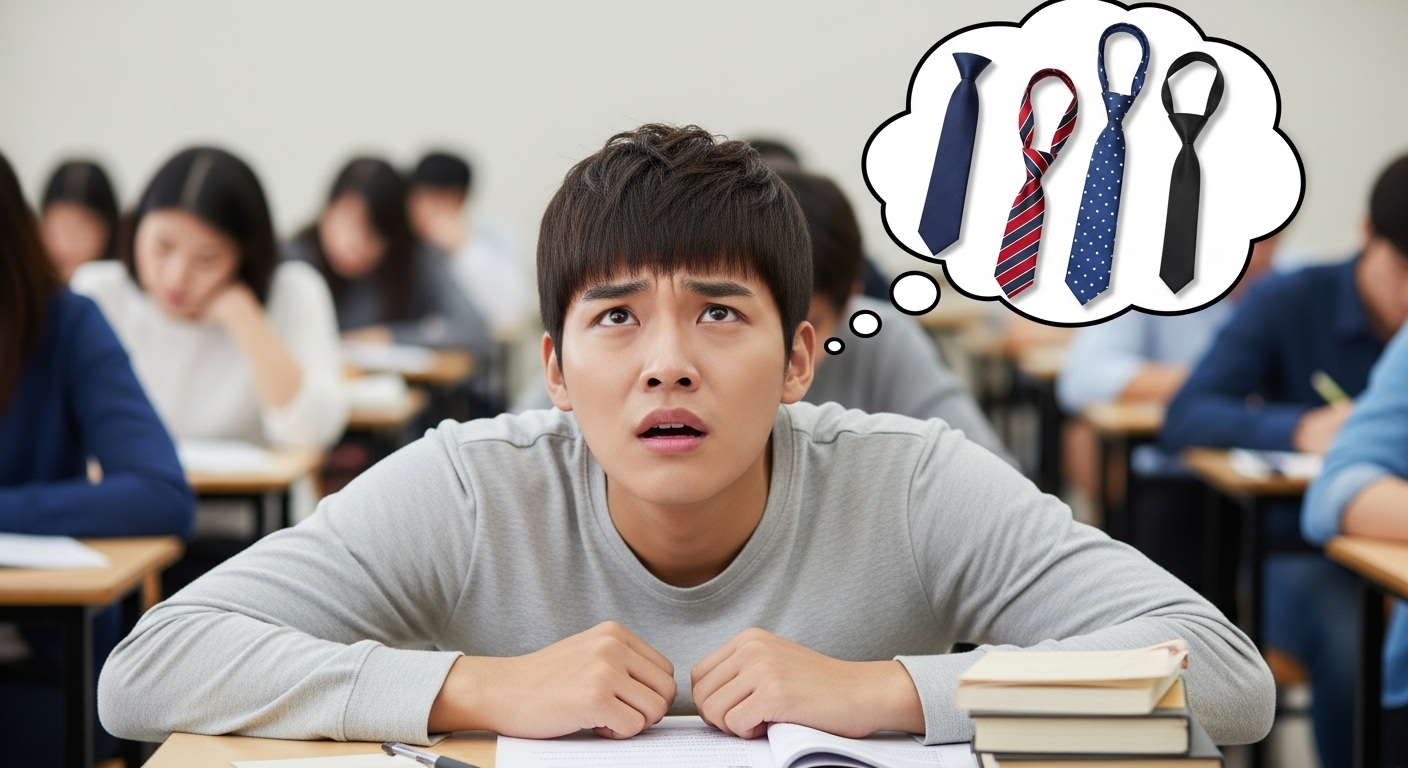 대학생이 시험 중 다양한 넥타이를 떠올리며 고뇌하는 장면