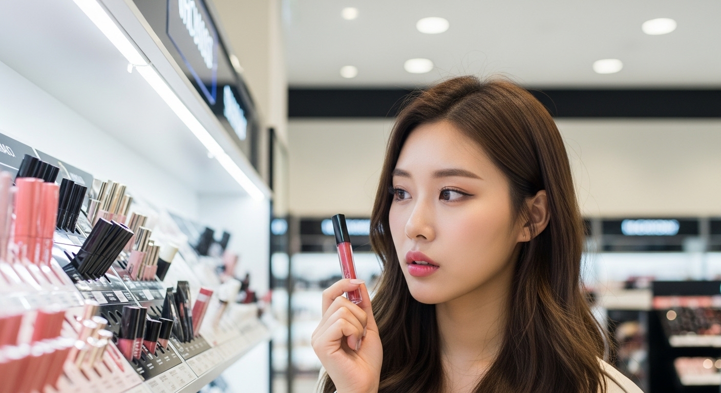 현대적인 화장품 매장에서 립 제품을 고르는 젊은 여성의 모습