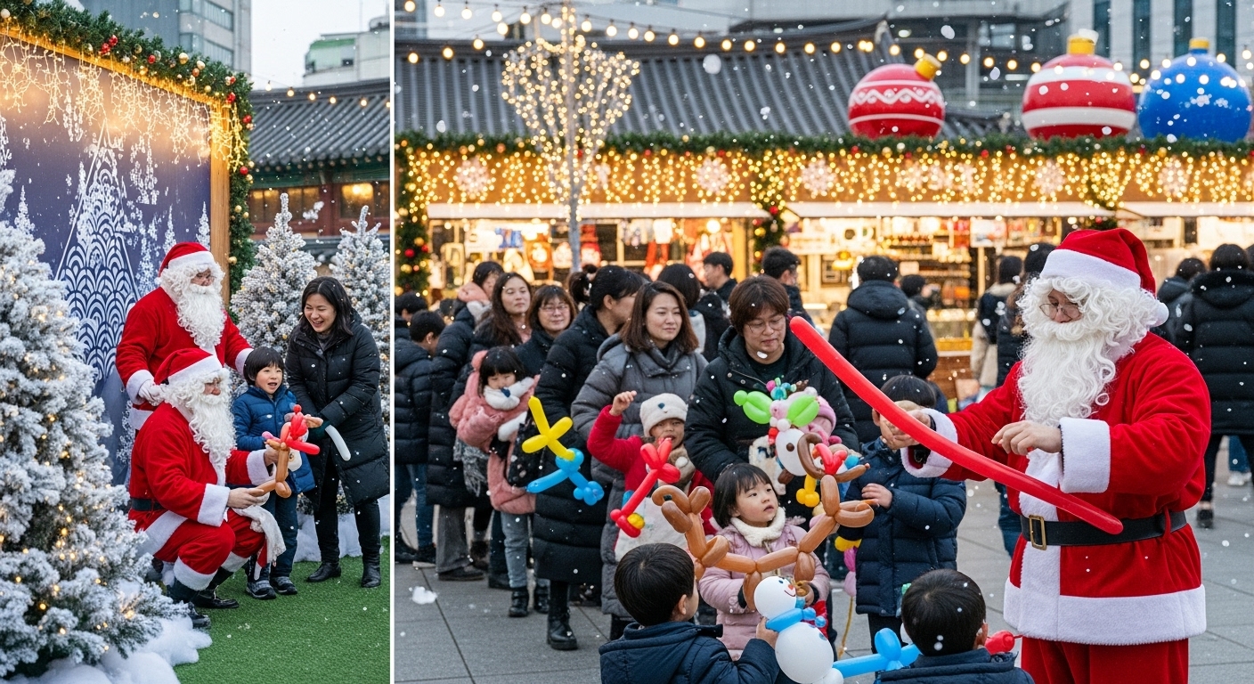 가족들이 풍선 아트와 산타 포토타임을 즐기는 겨울 축제 현장