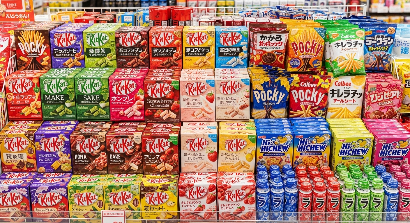 다양한 맛의 킷캣과 독특한 일본 간식들이 진열된 모습