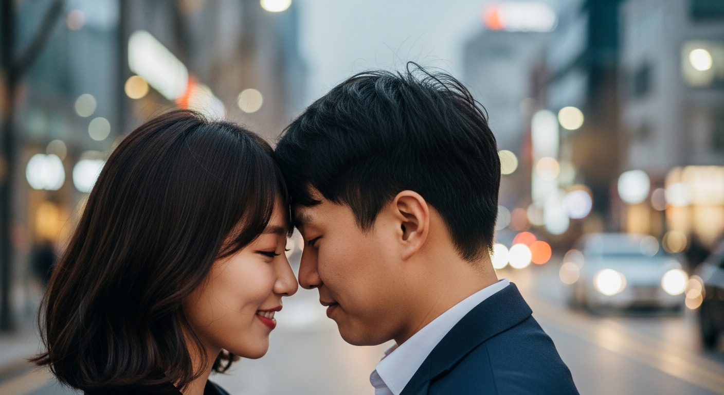 도시 속 사랑하는 연인이 주변이 흐려진 채 서로만 바라보는 모습