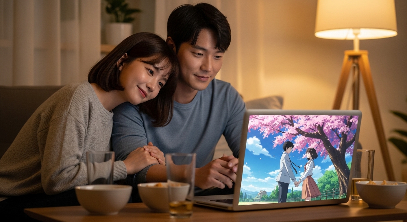노트북으로 로맨스 애니를 보며 따뜻한 순간을 나누는 커플