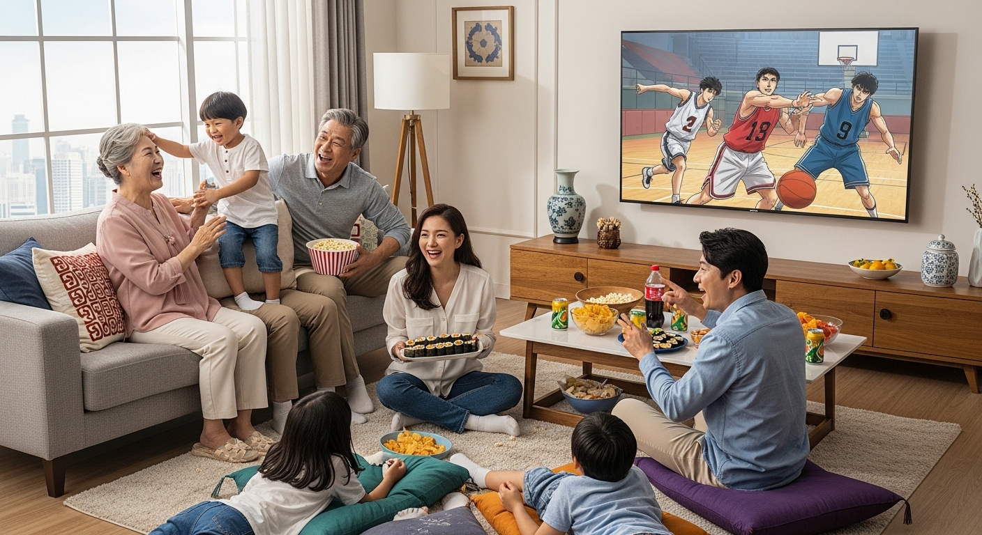 거실에서 스포츠 테마의 애니를 함께 즐기는 다세대 가족