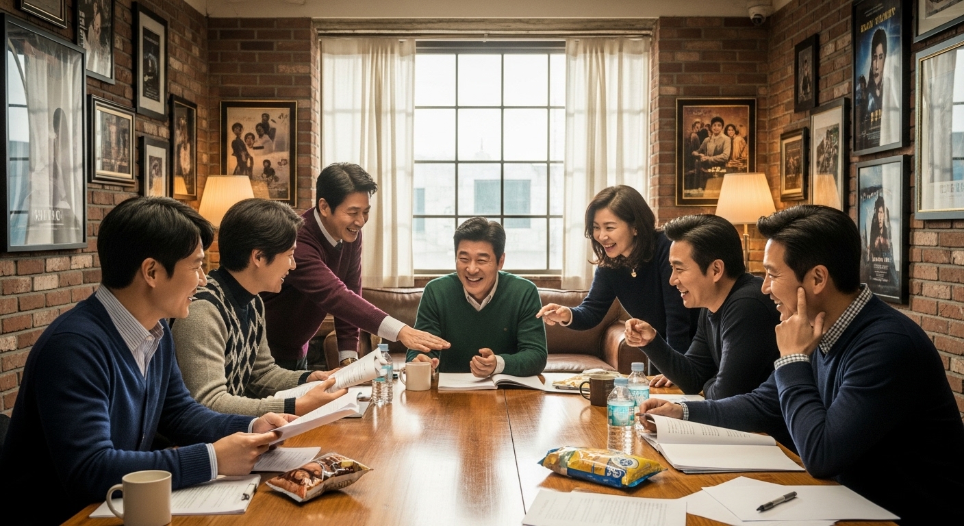 편안한 스튜디오에서 각본을 읽으며 우정을 나누는 유명 한국 배우들