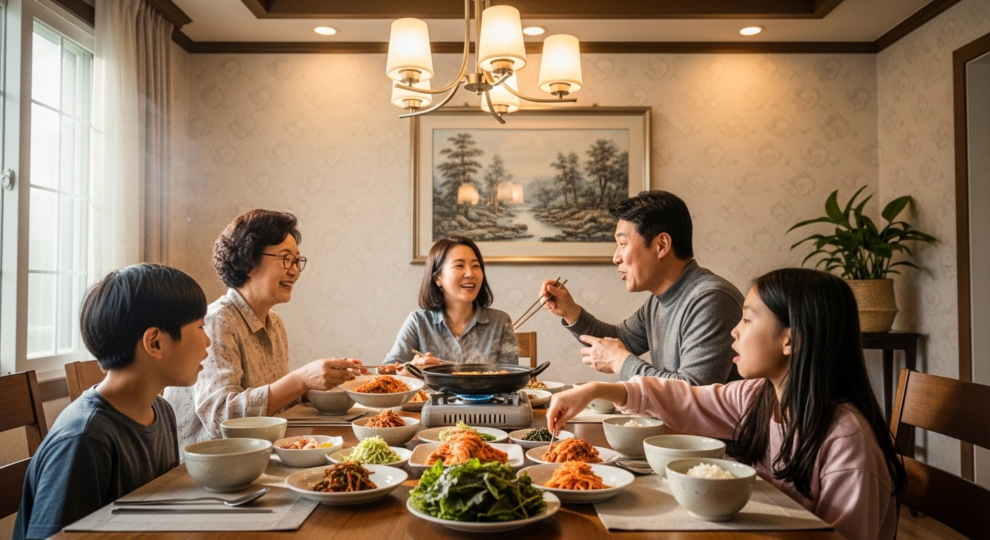 식탁에 둘러앉아 대화를 나누는 평범한 한국 가족의 모습