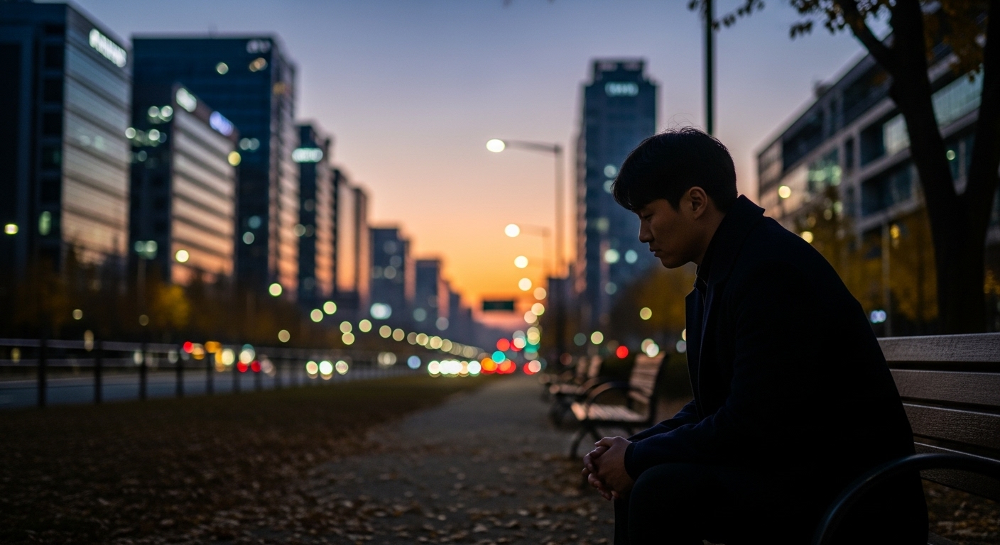 도시 속 공원이나 거리에서 고독함과 내적 성찰을 경험하는 사람들