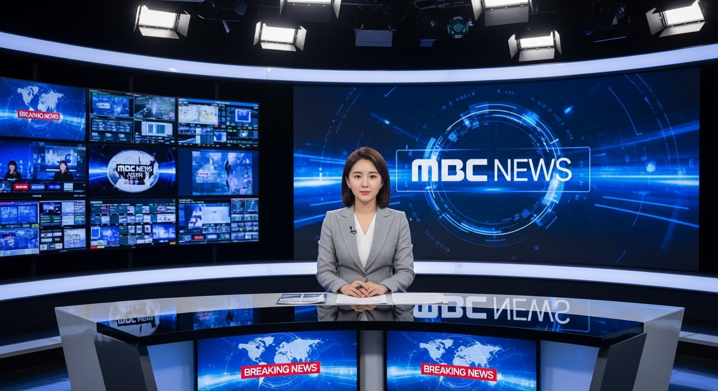 뉴스 진행 중인 여성 앵커가 MBC 로고가 보이는 배경 앞에서 앉아 있는 모습