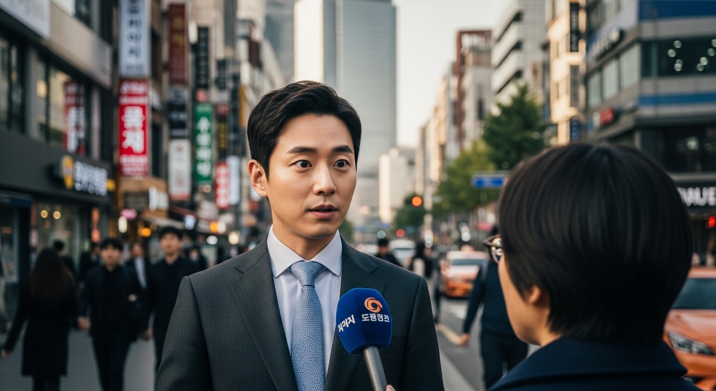 도시 환경 속에서 인터뷰를 진행하는 기자의 모습