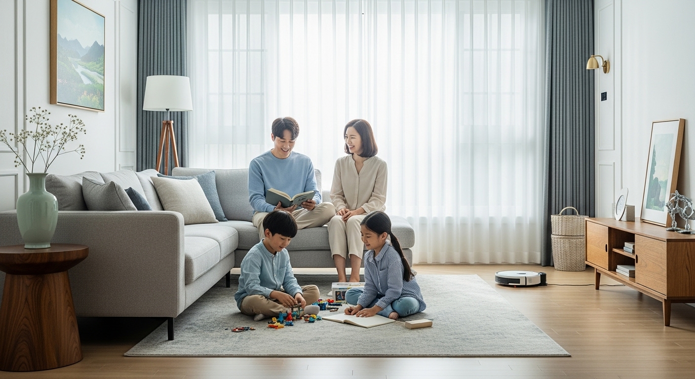 가족이 깔끔하게 정돈된 공간에서 여유를 즐기는 동안 작동 중인 로봇청소기