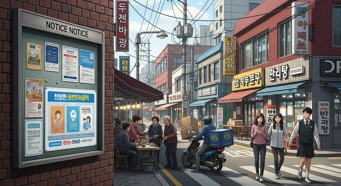 한국 도시 지역사회에서 일상 생활을 하는 사람들과 정신 건강 지원 서비스 포스터가 붙어 있는 게시판
