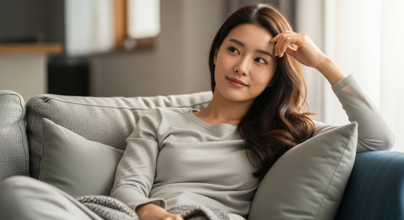 체온과 에너지 변화를 느끼며 소파에 앉아 있는 여성의 모습
