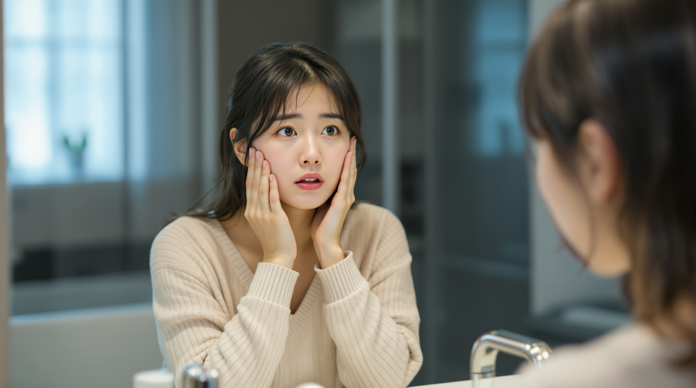 욕실 거울 앞에서 착상혈과 가슴 변화를 확인하는 여성의 모습