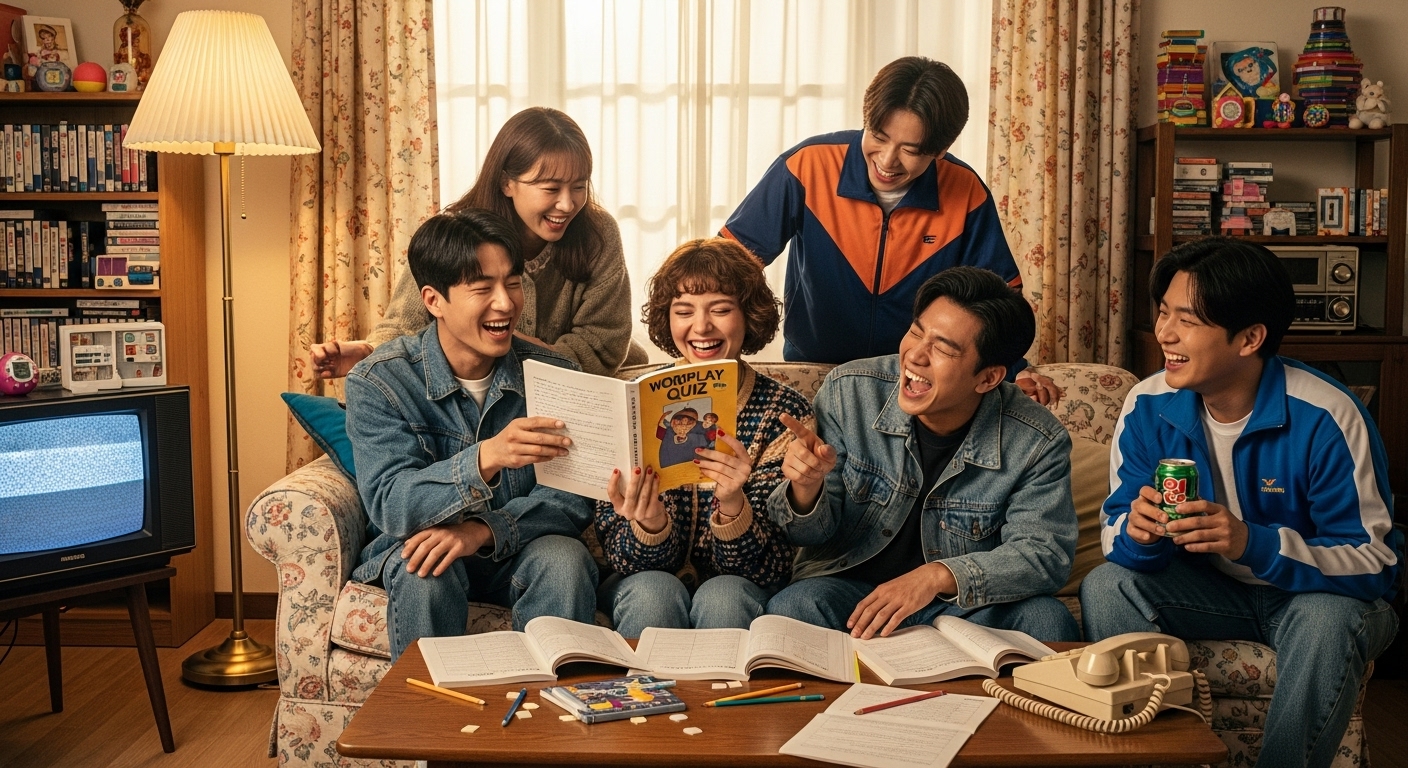 1990년대 유행하던 언어유희 퀴즈를 풀며 웃고 있는 젊은 친구들
