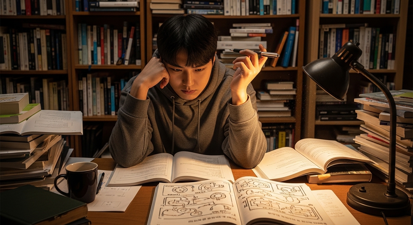 복잡한 함정을 연구하며 집중하고 있는 학생의 모습