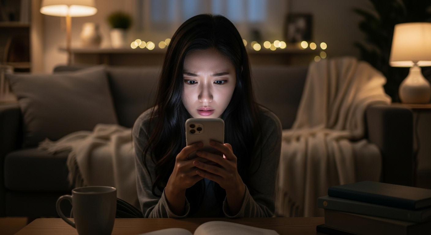 아늑한 아파트에서 휴대폰을 집착적으로 확인하며 불안해하는 여성