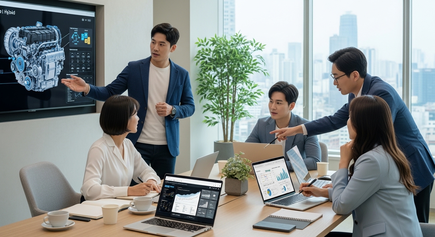 세련된 사무실에서 하이브리드 자동차 기술과 시장 동향을 논의하는 전문가들
