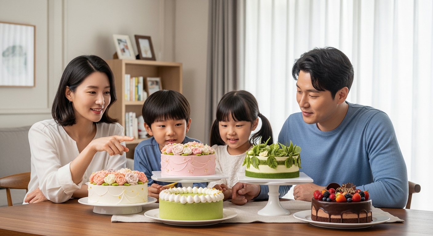 가족들이 다양한 뚜레쥬르 케이크를 보며 고르고 있는 따뜻한 집안 풍경