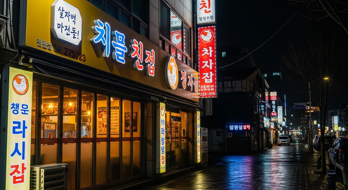 대전의 조용한 거리에서 네온사인이 빛나는 한국식 치킨집 외관