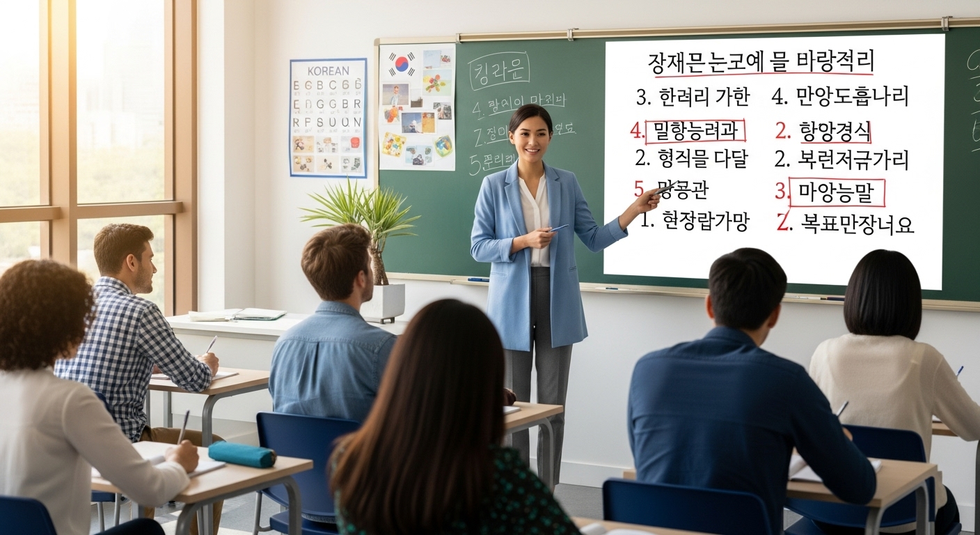칠판에 언어 오류를 설명하는 교사의 수업 장면