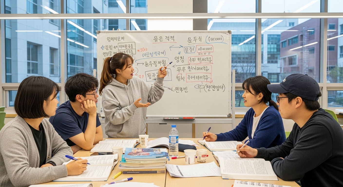 한국어 음운 규칙에 대해 토론하는 대학생들의 스터디 그룹 장면