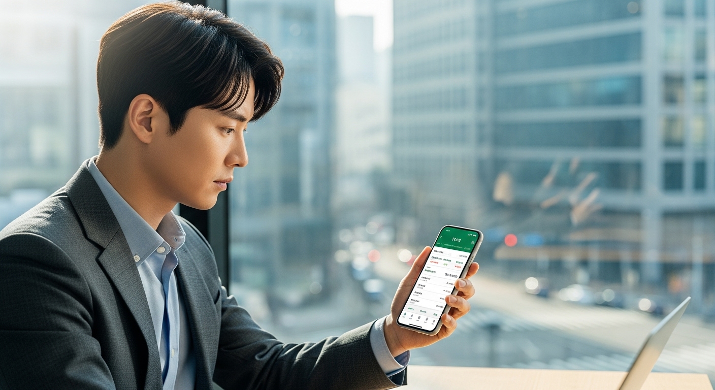 현대적인 사무실에서 스마트폰으로 토스 앱을 사용하는 직장인의 모습