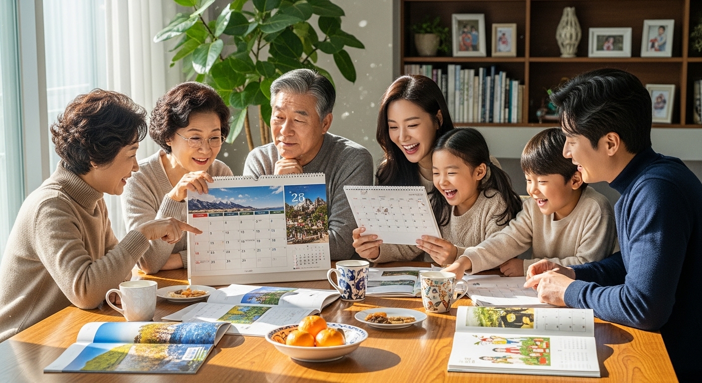 새해를 맞이하여 달력을 살펴보는 가족의 모습