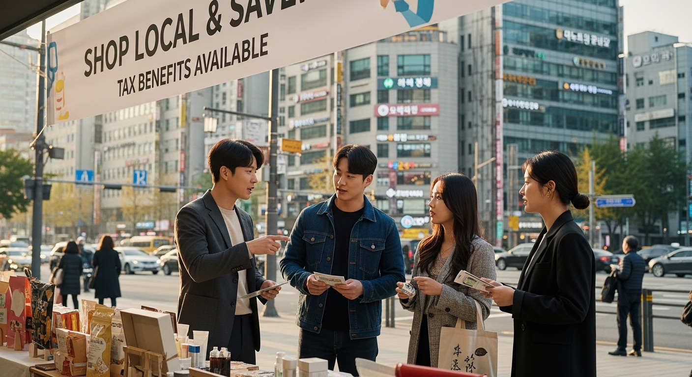 도시에서 지역 특산품과 세금 혜택에 대해 토론하는 현대적이고 활기찬 젊은 사람들