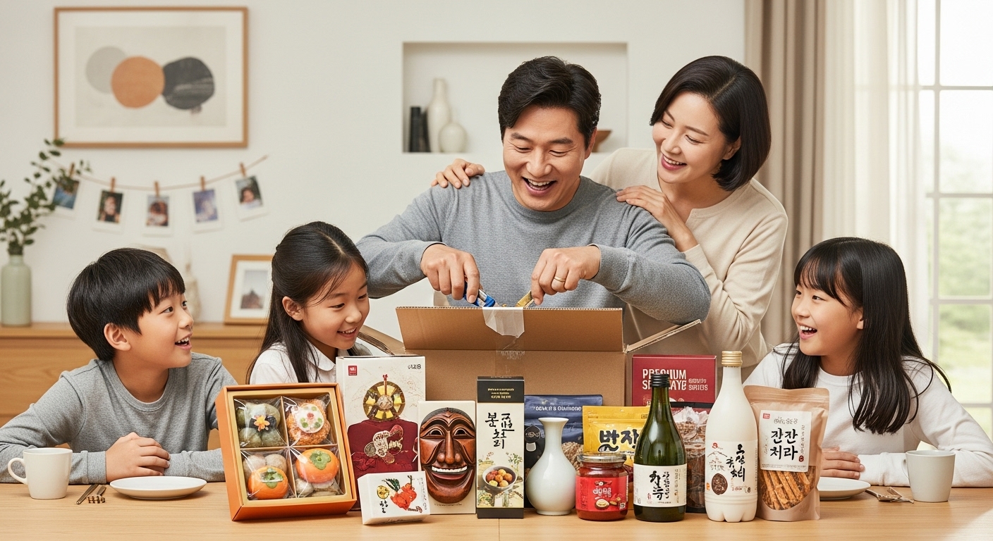 한국 가족이 지역 특산품 상자를 열어보며 전통 공예품과 프리미엄 식재료를 발견하는 모습
