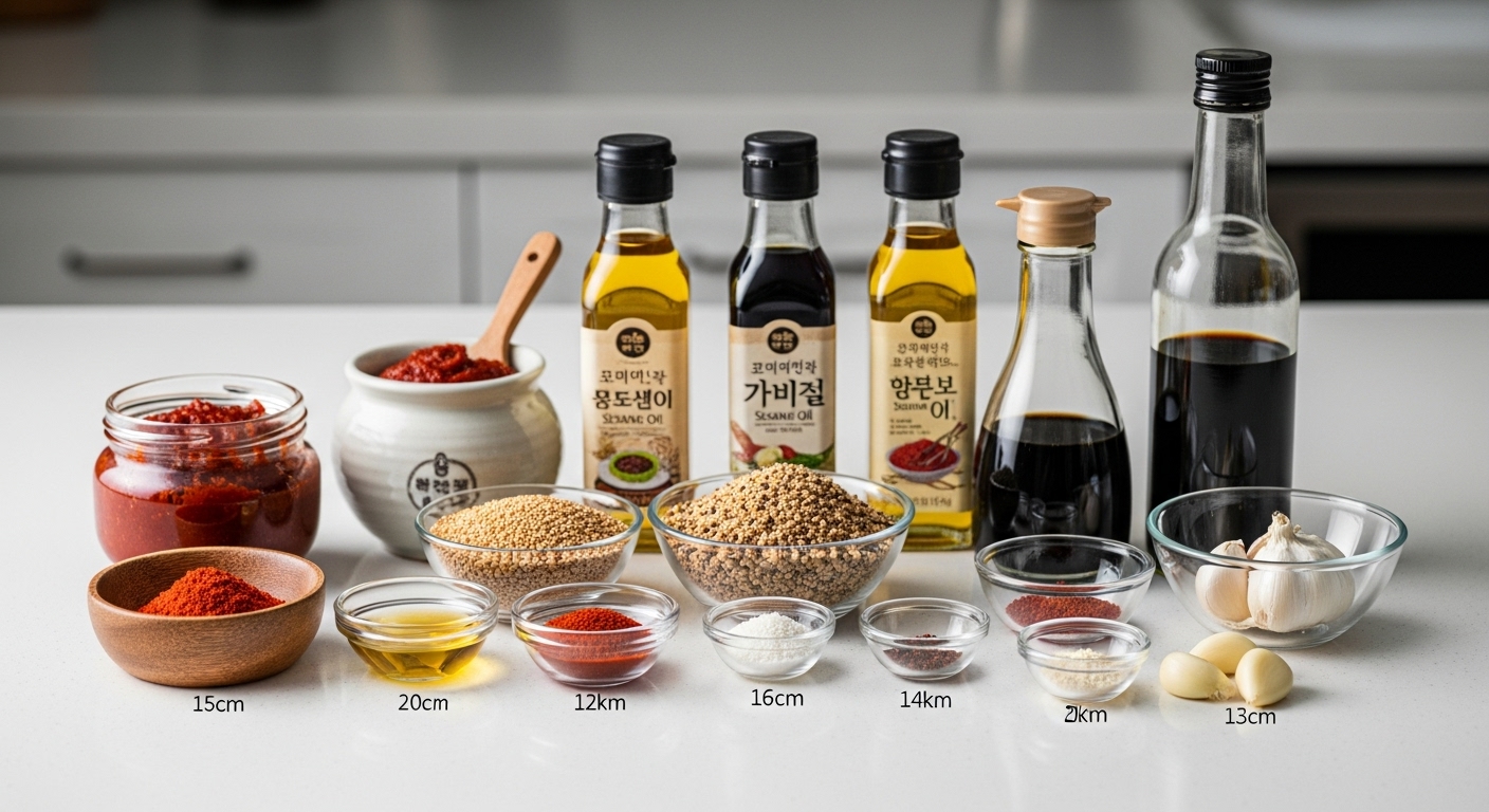 주방 조리대 위에 깔끔하게 정리된 다양한 한국 요리 재료들