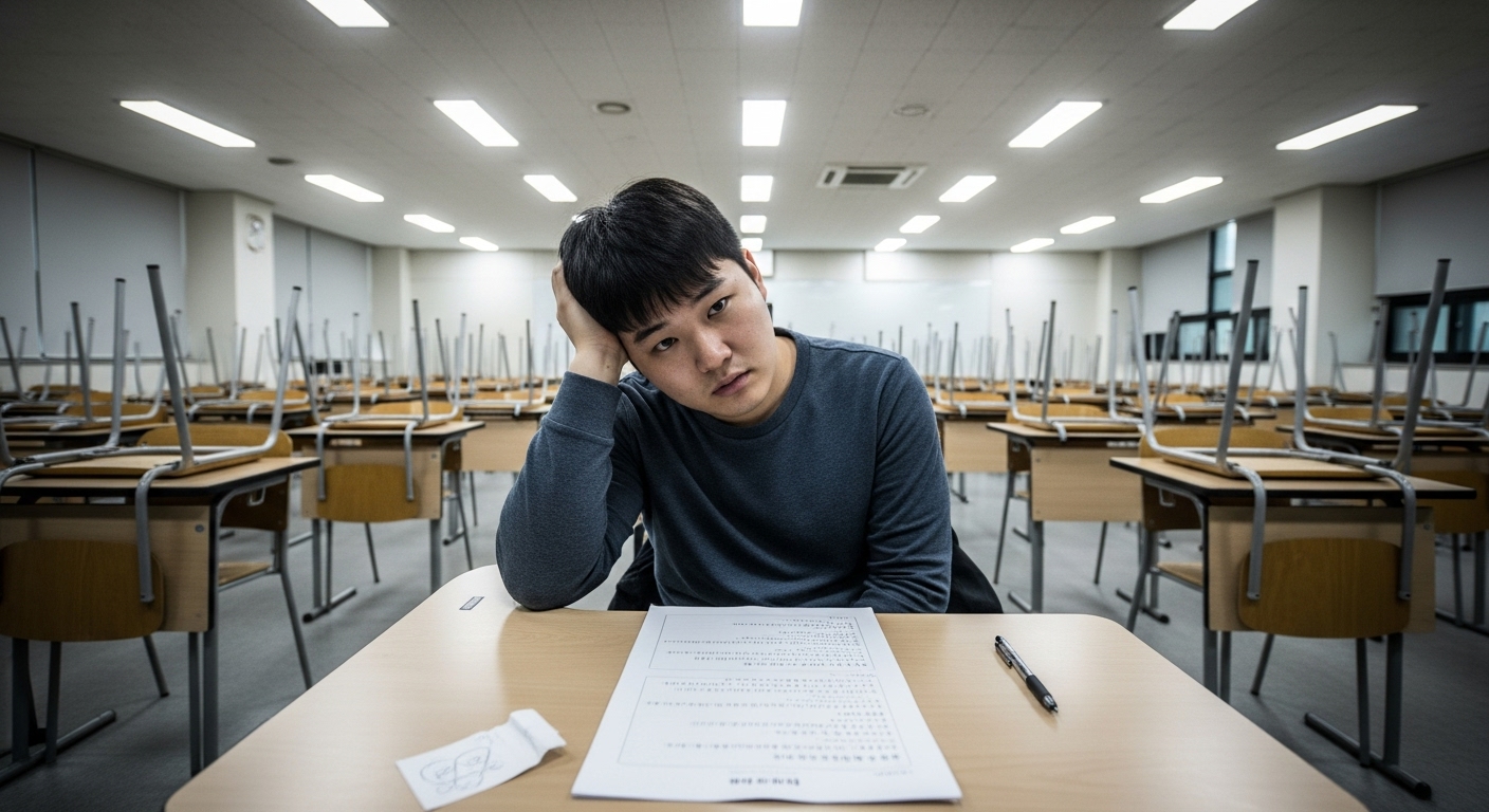 시험장에서 당황한 표정의 대학생 모습