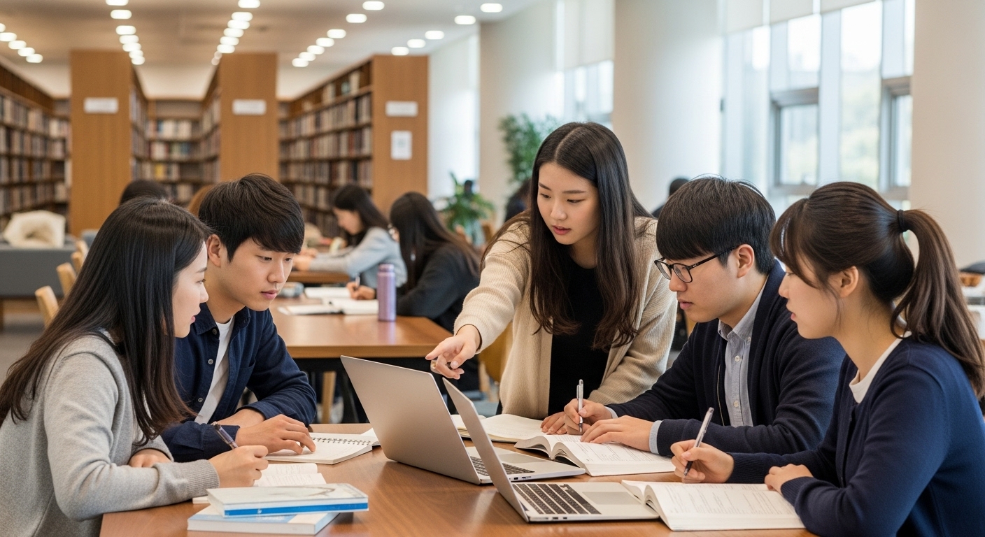 도서관에서 노트와 노트북을 보며 토론하는 학생들