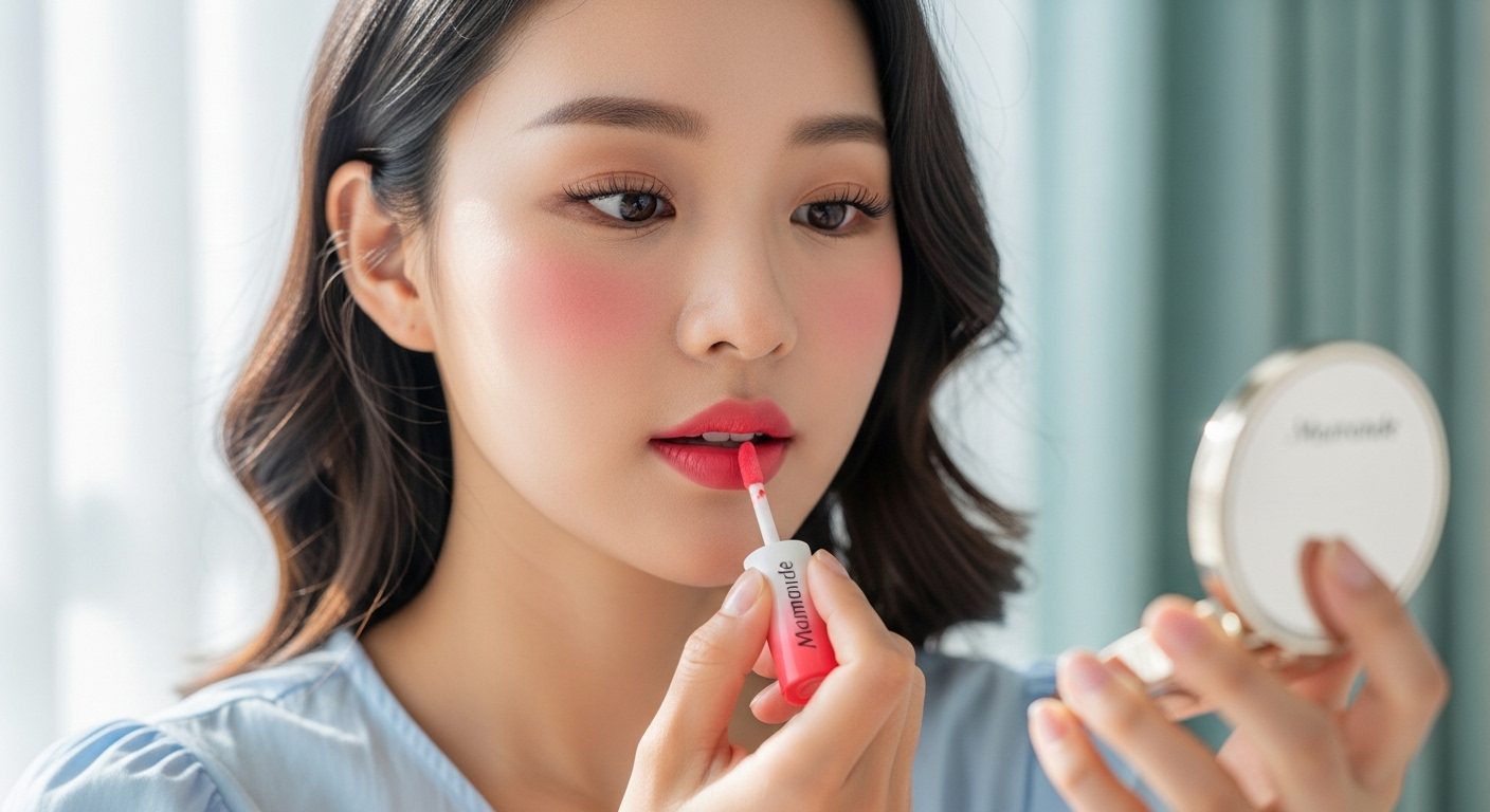 젊은 여성이 마몽드 크리미 틴트를 사용하여 화사한 봄 입술 메이크업을 하는 모습