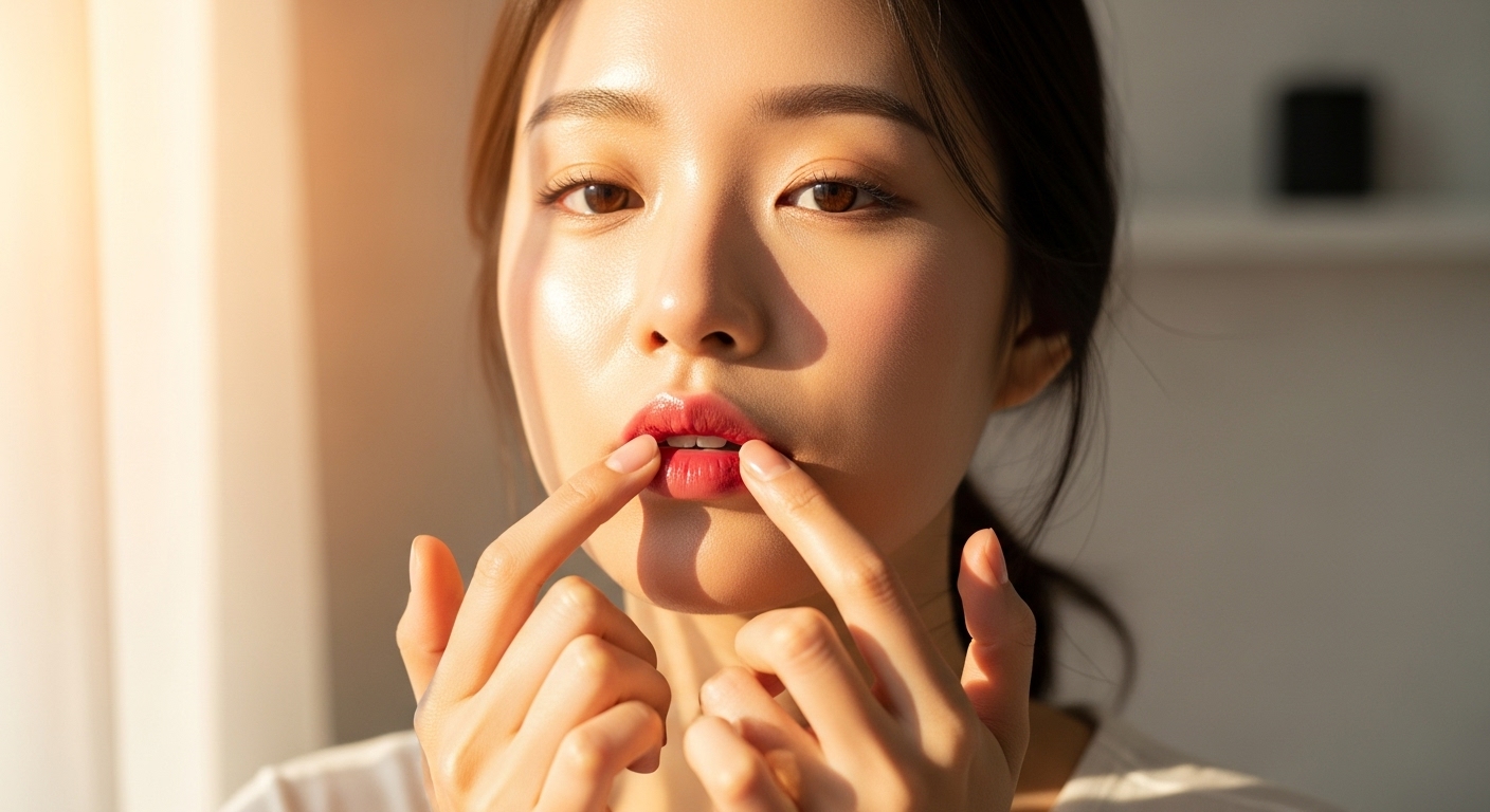 햇빛 드는 방에서 손끝으로 틴트를 블렌딩하며 자연스럽게 표현하는 여성