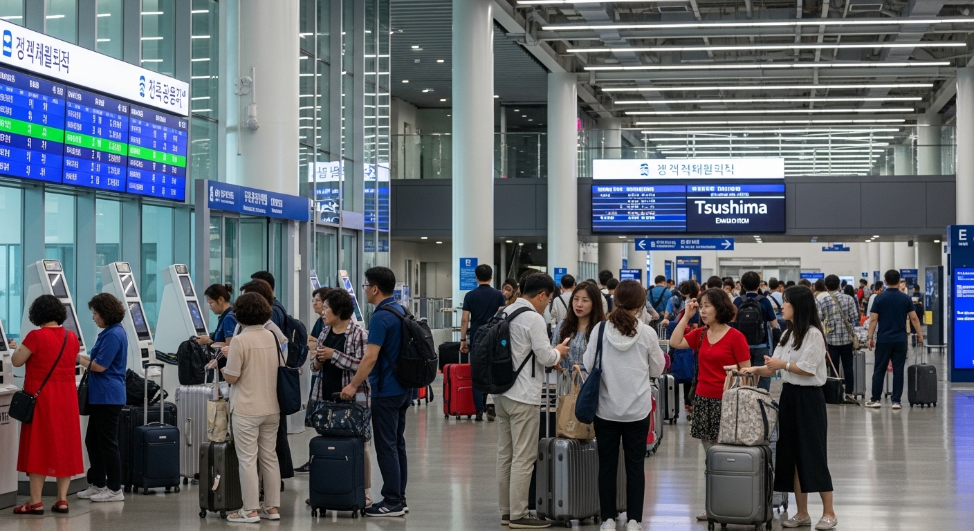 부산항 국제여객터미널에서 대마도로 향하는 배를 타려는 여행객들로 북적이는 모습