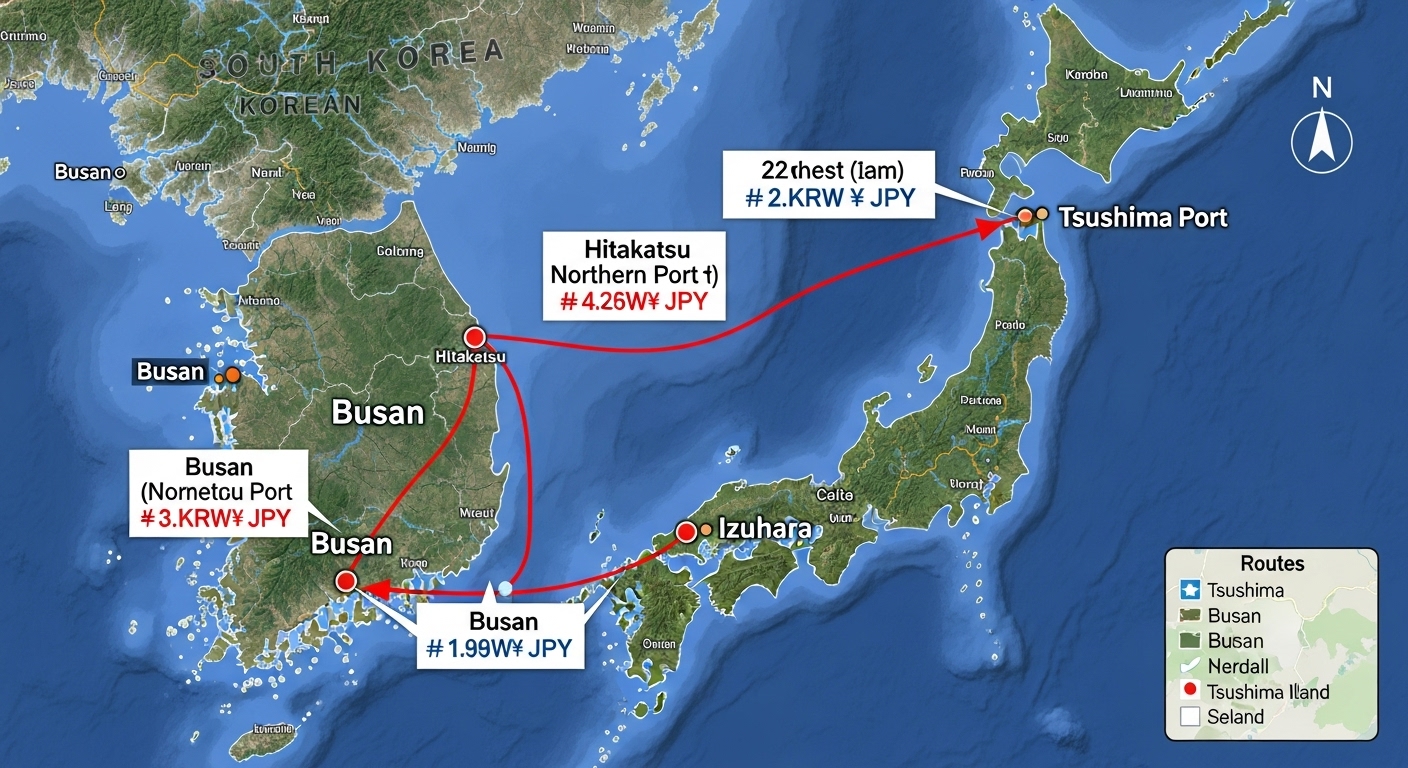 부산과 두 가지 대마도 경로(히타카츠와 이즈하라) 간의 거리와 비용을 보여주는 비교 지도