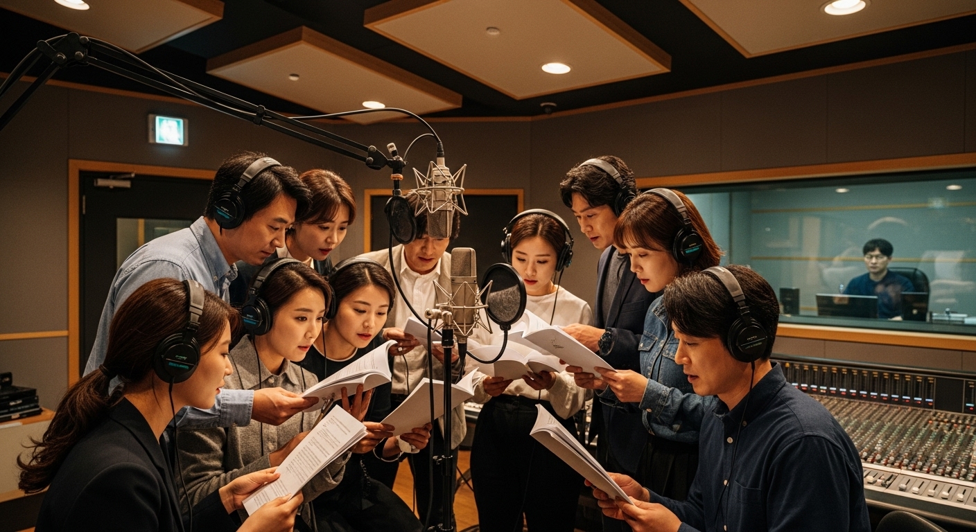 전문 스튜디오에서 다양한 한국 배우들이 오디오북 녹음을 진행하는 장면