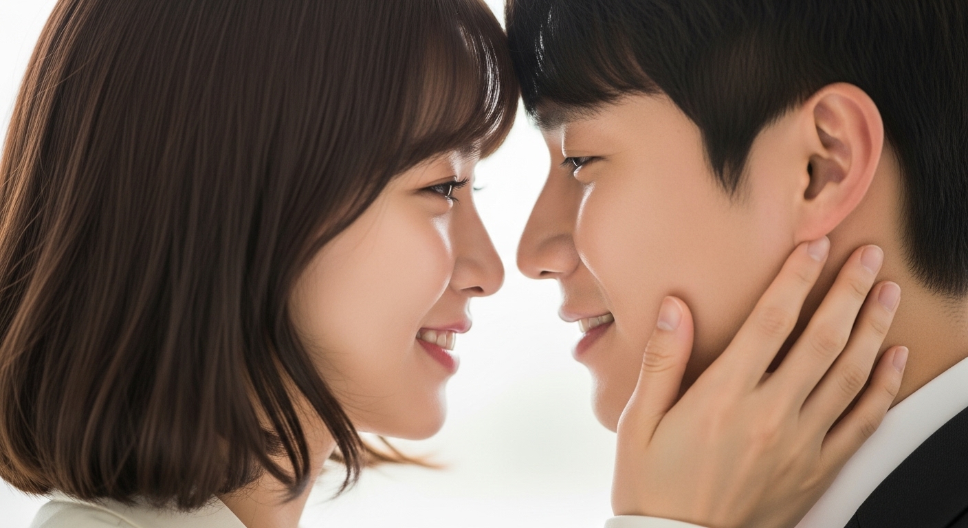 사랑에 빠진 젊은 커플이 배경이 흐릿한 가운데 서로를 바라보는 모습