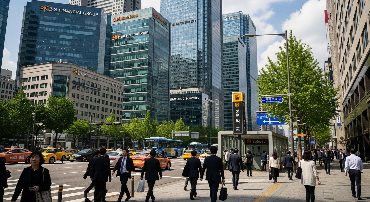 서울 금융 지구의 은행과 증권사 빌딩으로 붐비는 거리
