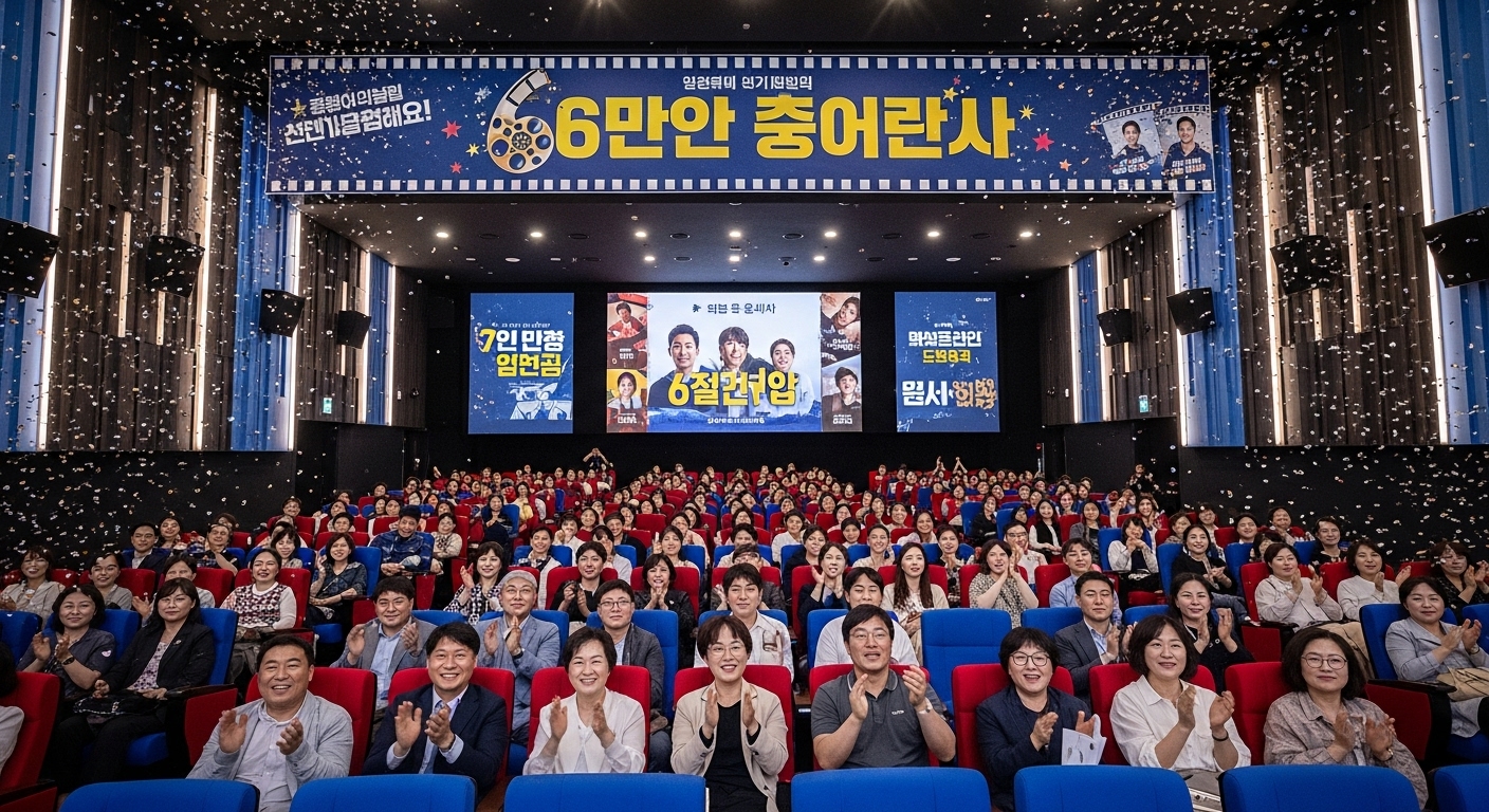 한국의 현대적인 영화관 내부에서 '600만 관객 돌파' 축하 이벤트를 즐기는 사람들