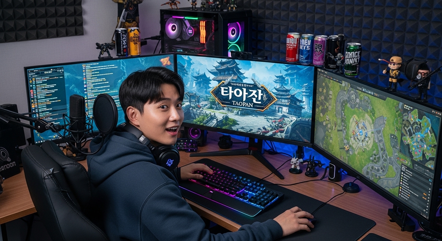 젊은 게이머가 컴퓨터 앞에서 타오판 게임을 준비하는 모습