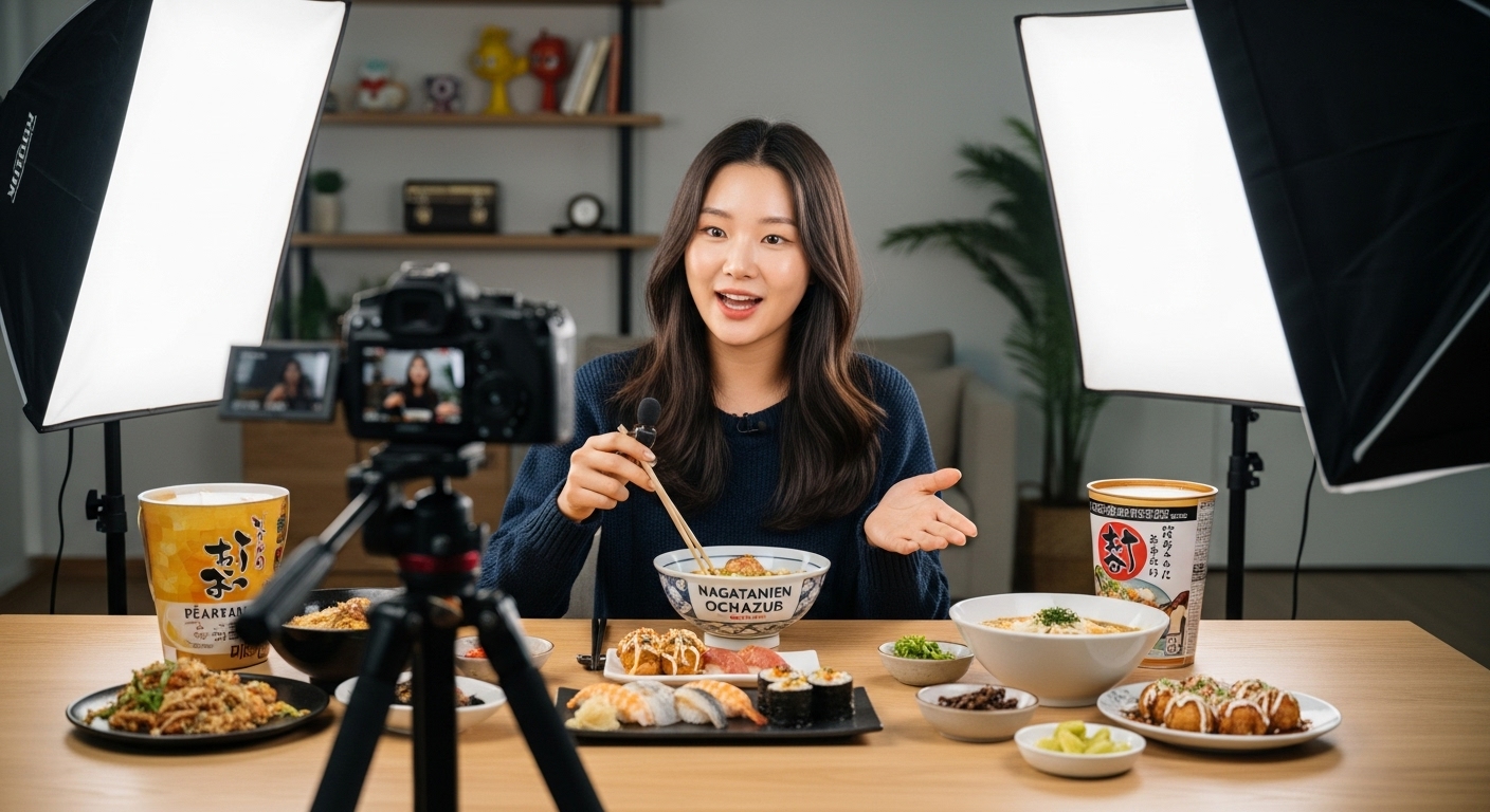 한국 인플루언서가 집 스튜디오에서 나가타니엔 오차즈케를 포함한 인기 있는 일본 음식을 소개하는 브이로그 촬영 장면