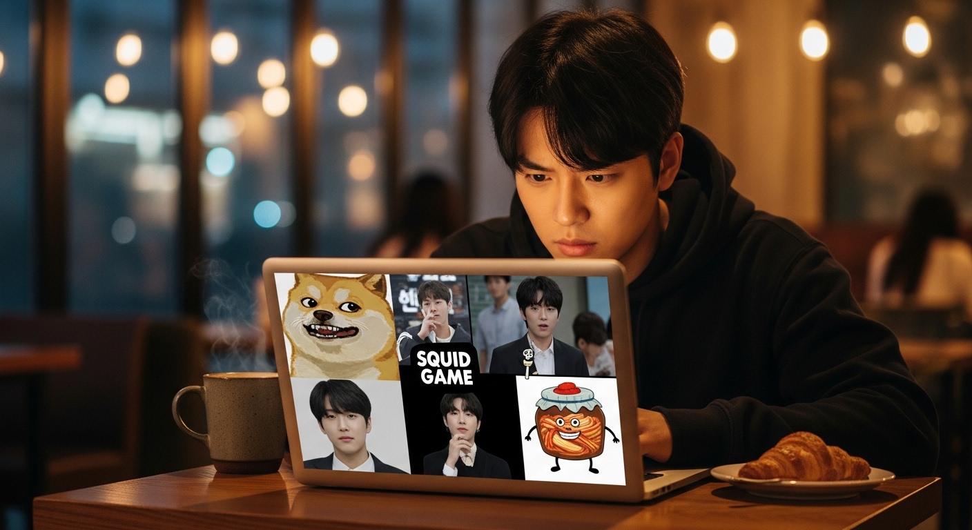 카페에서 노트북으로 인터넷 밈을 탐색하는 젊은 남성의 모습