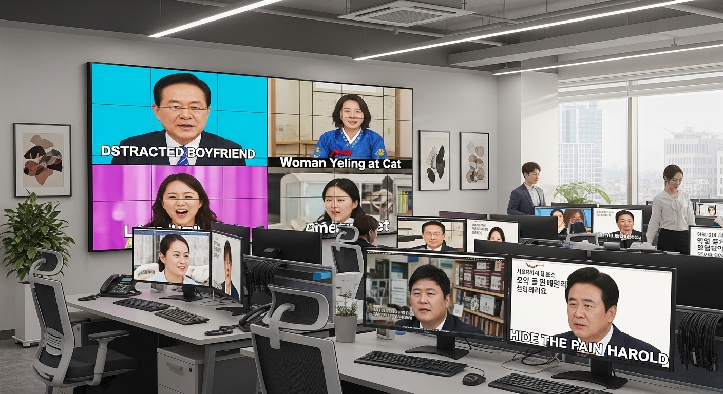 정치 인물과 문화 아이콘 관련 인터넷 밈을 보여주는 디지털 스크린이 있는 현대적인 사무실