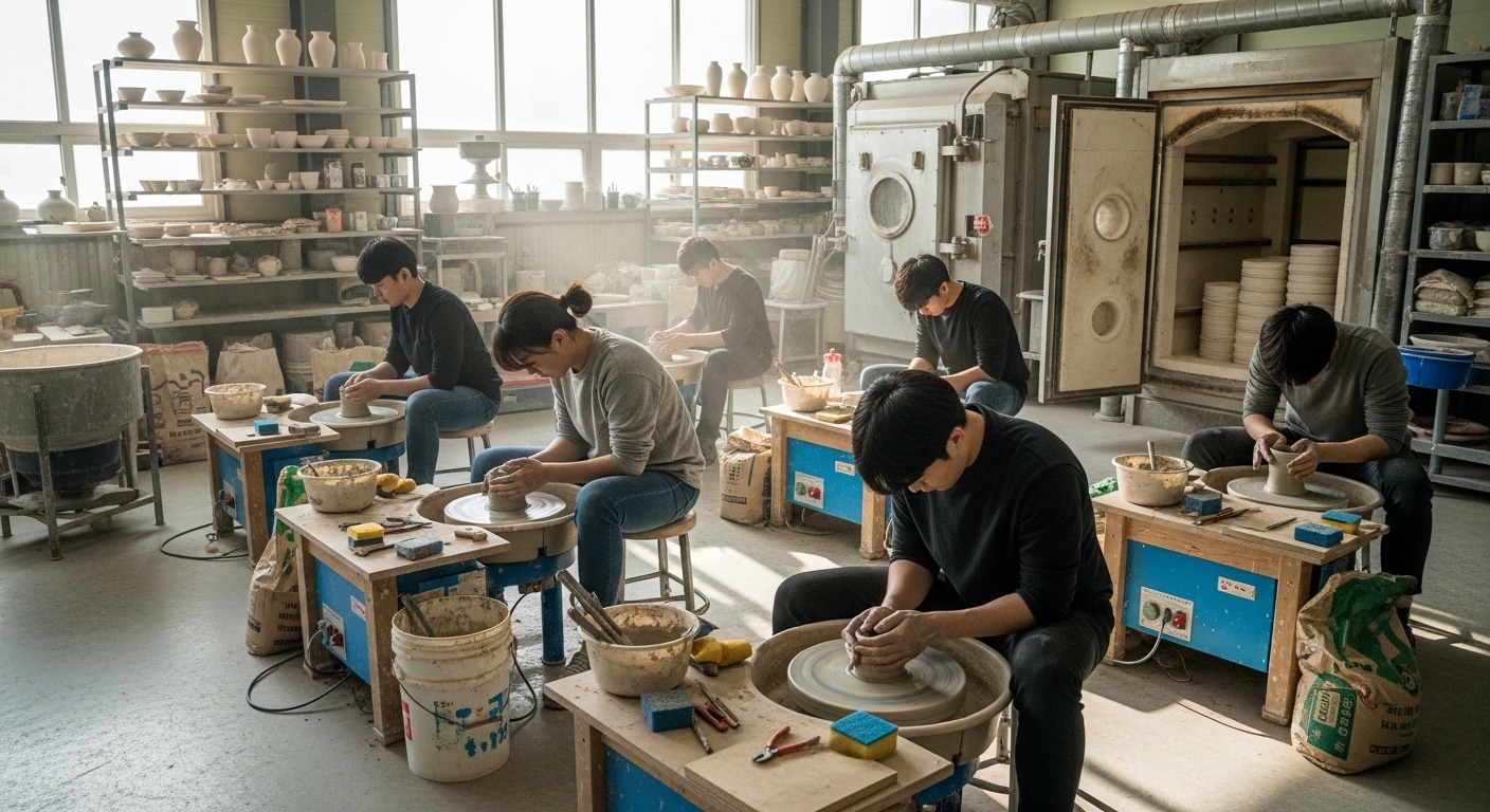 학생들이 다양한 도구와 장비가 있는 현대적인 도예 공방에서 물레성형을 연습하는 모습